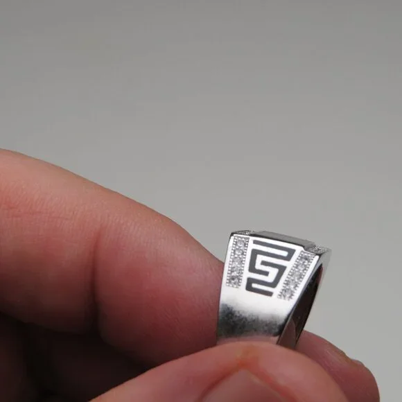 *925 Sterling Silver Diamond & Onyx Men's Ring
